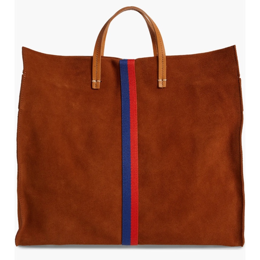 Clare V Simple Tote in Brown Suede lwith Red and Blue Stripe